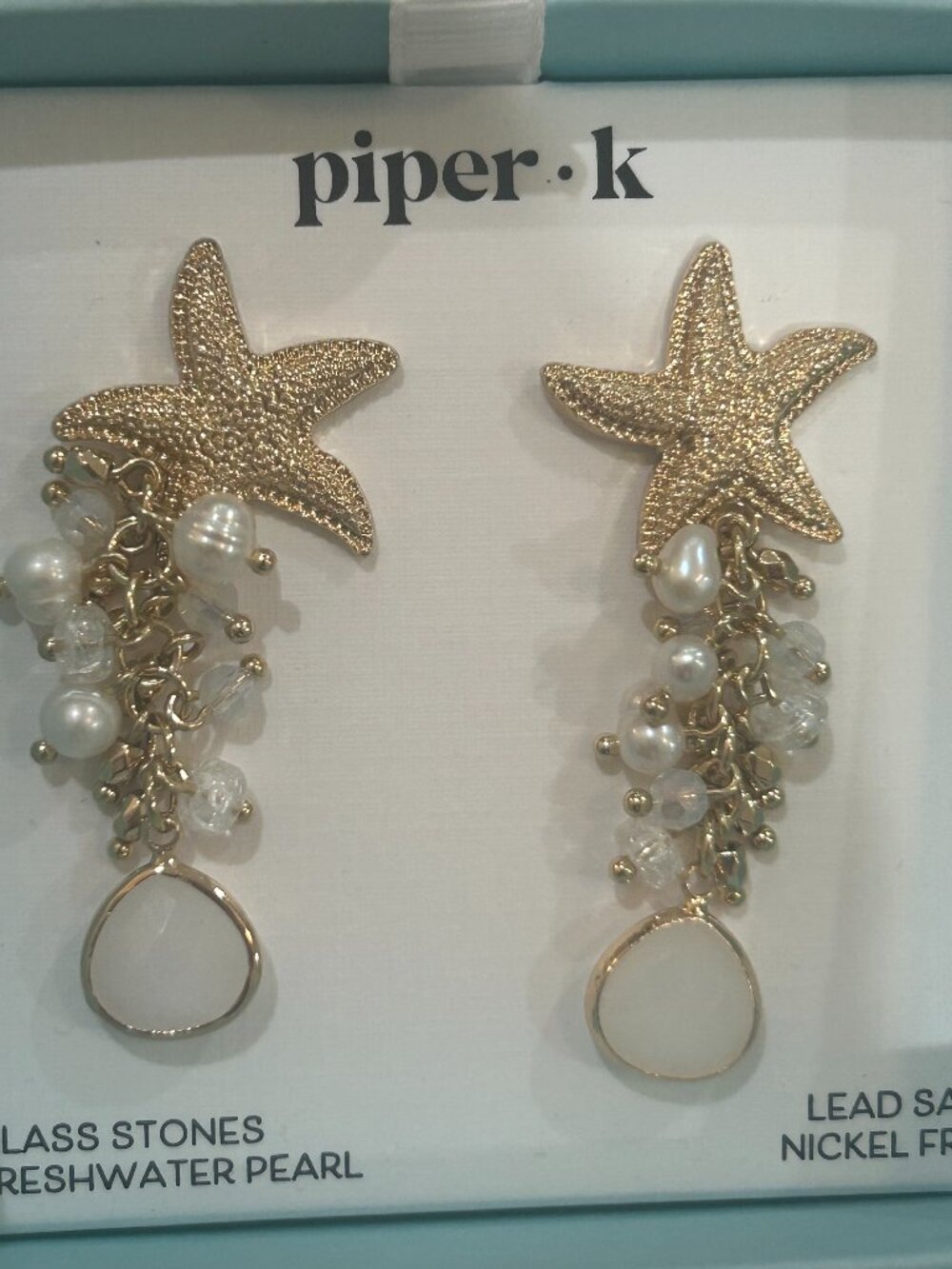 Piper K Starfish Freshwater Pearl Crystal Bead Glass Stone Drop Dangle Earrings